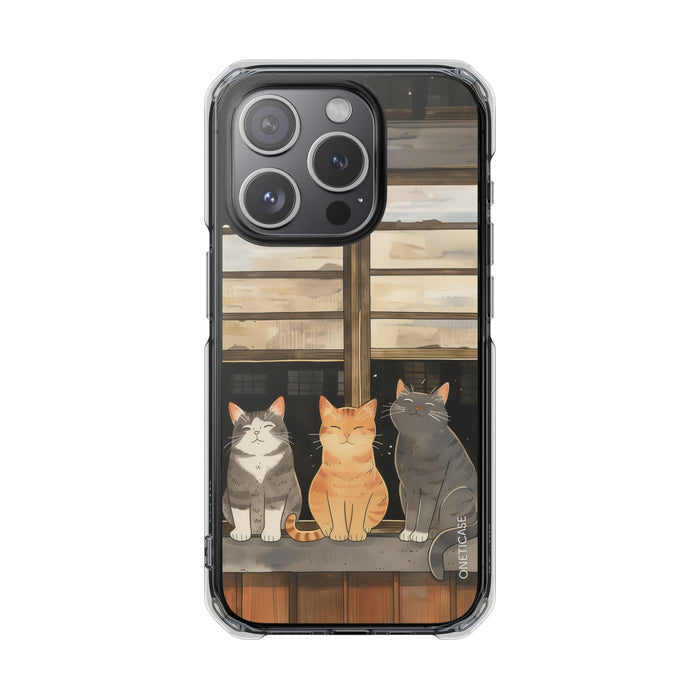 Magnetic Clear Case for iPhone Series, Cat Lovers' Chilling Edition: clear, black three cats, cartoon style