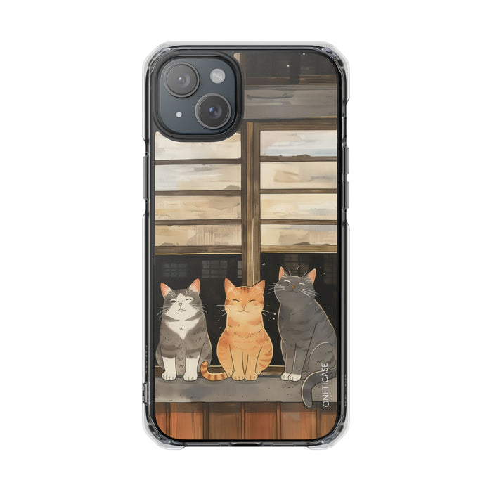 Magnetic Clear Case for iPhone Series, Cat Lovers' Chilling Edition: clear, black three cats, cartoon style