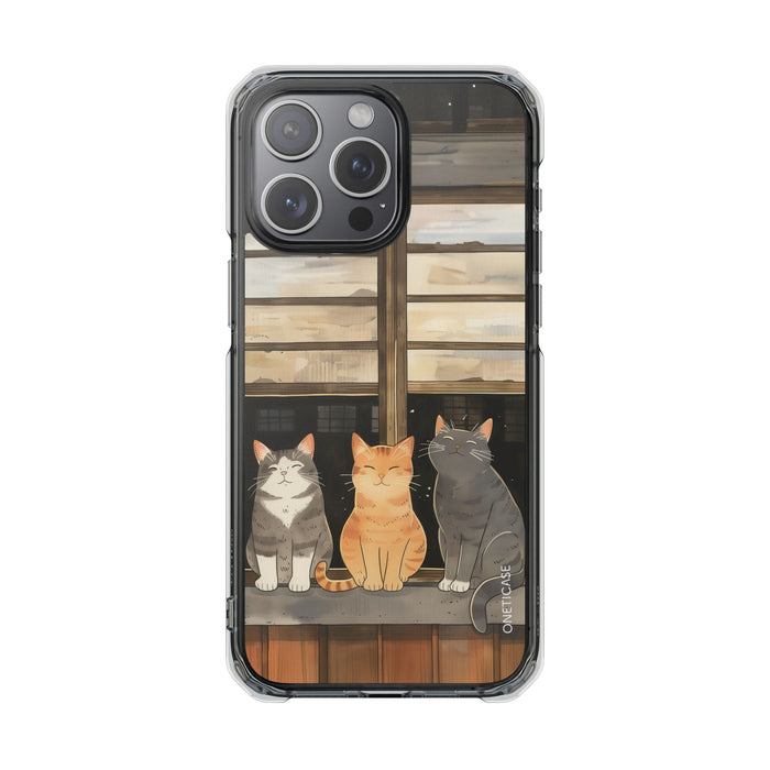 Magnetic Clear Case for iPhone Series, Cat Lovers' Chilling Edition: clear, black three cats, cartoon style