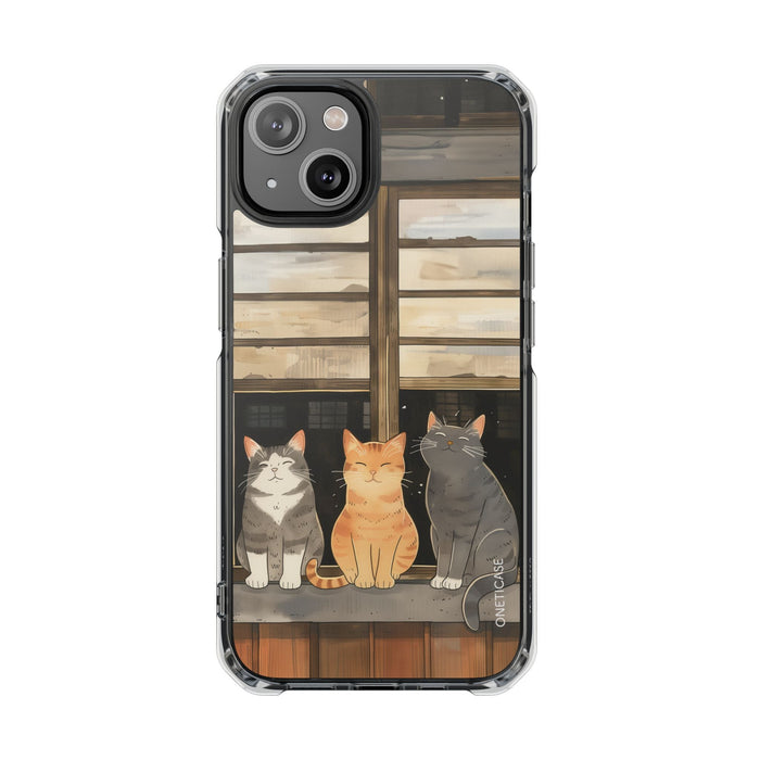 Magnetic Clear Case for iPhone Series, Cat Lovers' Chilling Edition: clear, black three cats, cartoon style