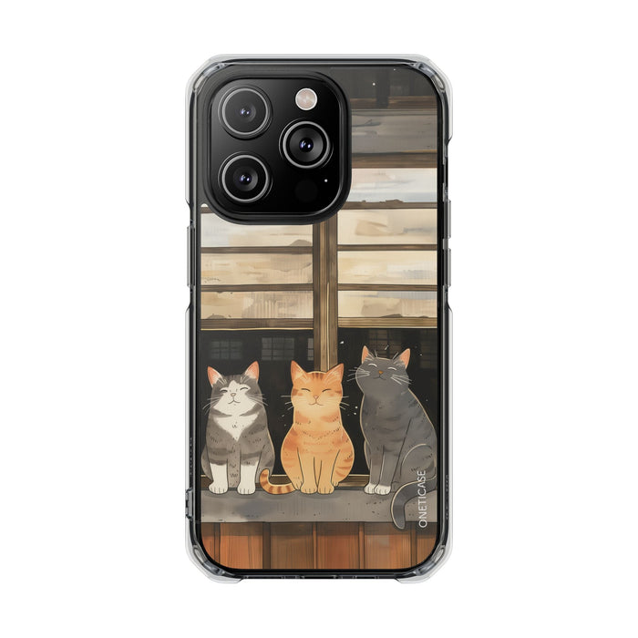 Magnetic Clear Case for iPhone Series, Cat Lovers' Chilling Edition: clear, black three cats, cartoon style