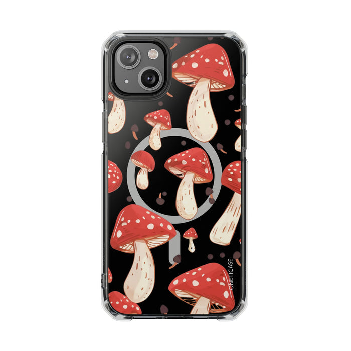 Magnetic Clear Case for iPhone Series, Red Mushroom Design: black, red mushrooms, cartoon style