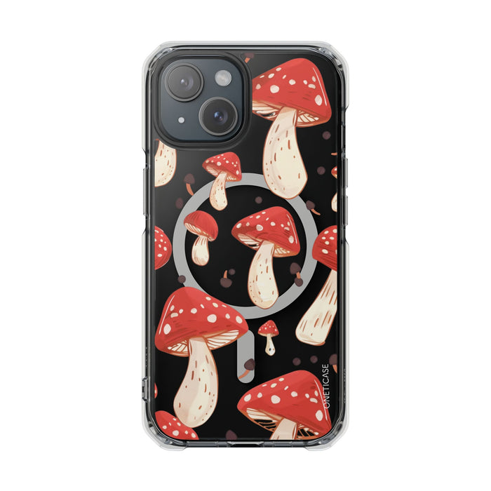 Magnetic Clear Case for iPhone Series, Red Mushroom Design: black, red mushrooms, cartoon style