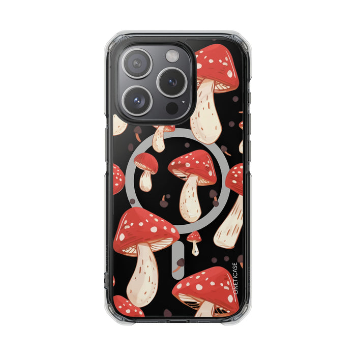 Magnetic Clear Case for iPhone Series, Red Mushroom Design: black, red mushrooms, cartoon style