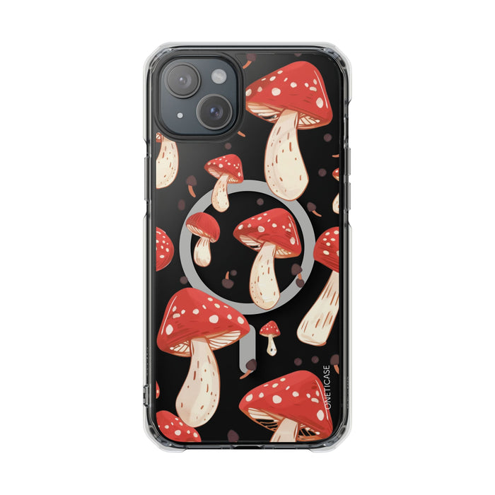 Magnetic Clear Case for iPhone Series, Red Mushroom Design: black, red mushrooms, cartoon style