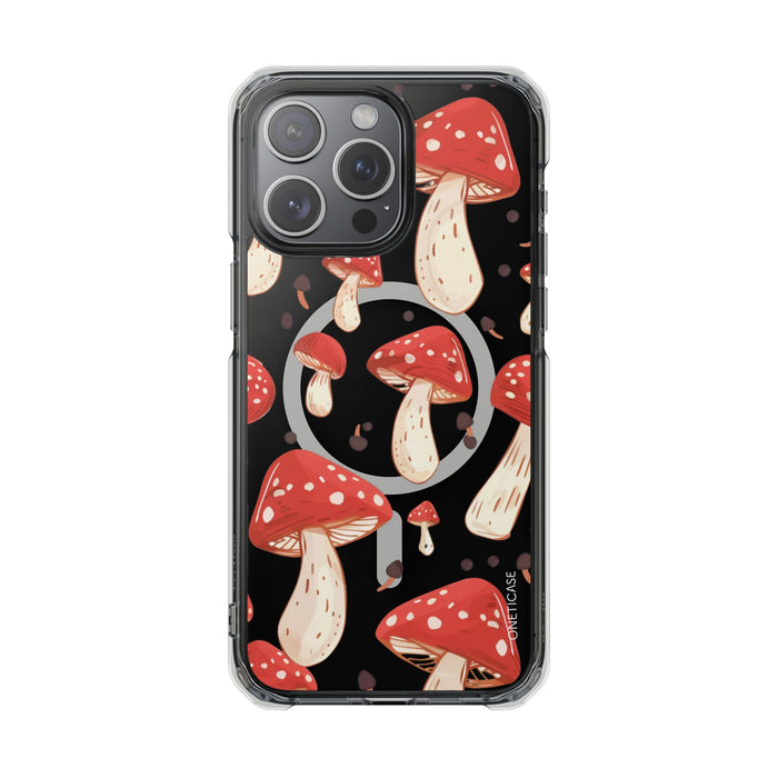 Magnetic Clear Case for iPhone Series, Red Mushroom Design: black, red mushrooms, cartoon style
