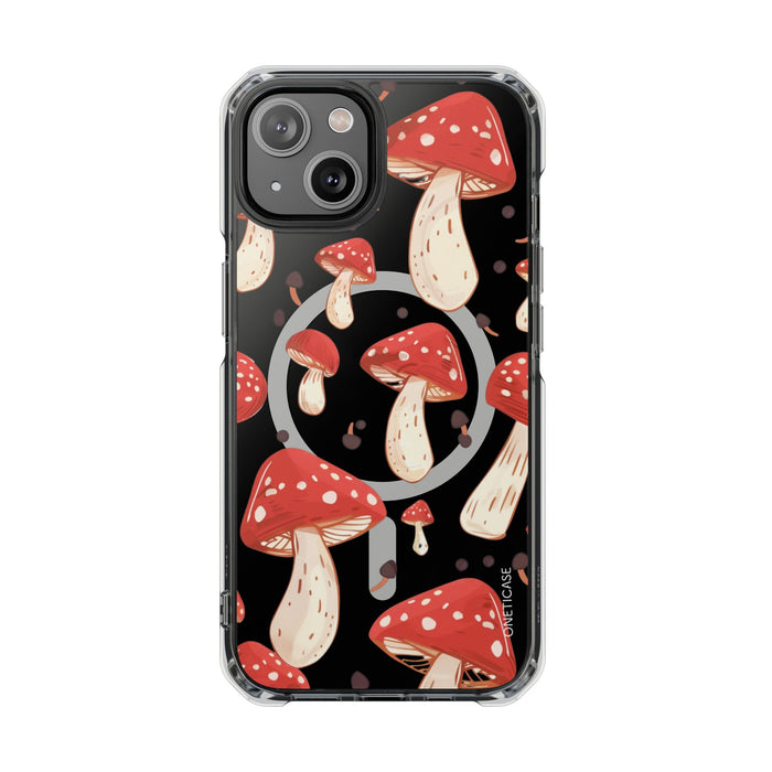 Magnetic Clear Case for iPhone Series, Red Mushroom Design: black, red mushrooms, cartoon style