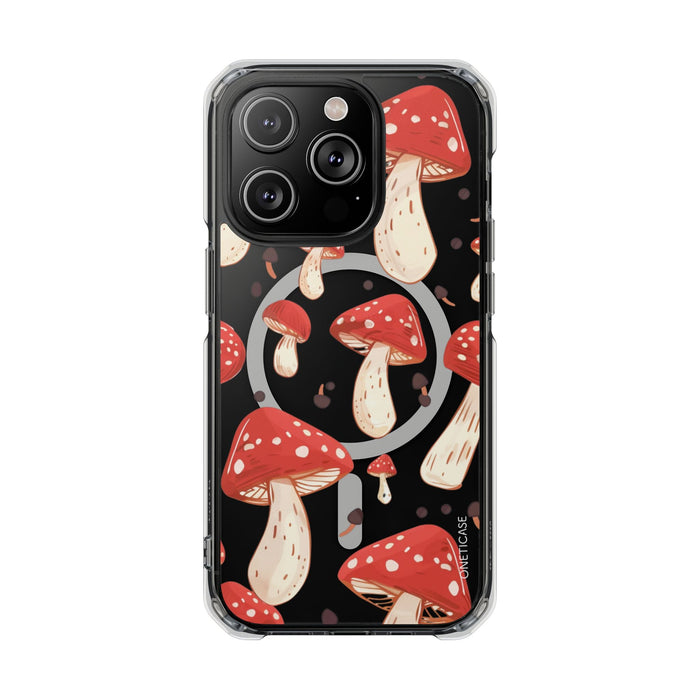 Magnetic Clear Case for iPhone Series, Red Mushroom Design: black, red mushrooms, cartoon style