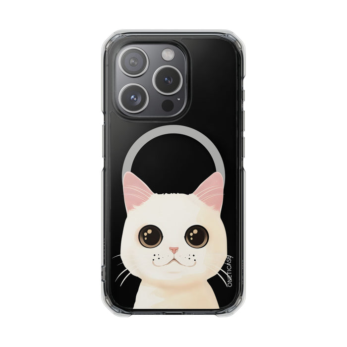 Magnetic Clear Case for iPhone Series with a White Cat Design: clear, black cat, kawaii cartoon style