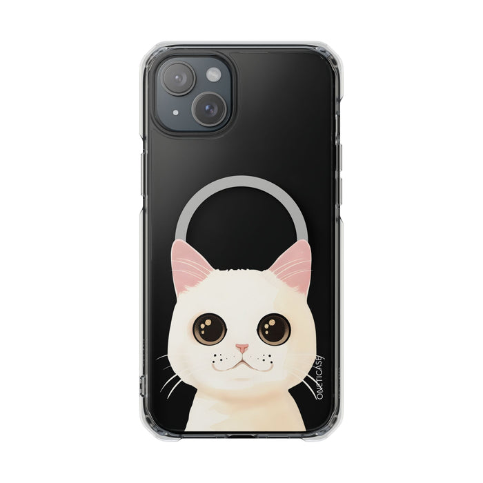 Magnetic Clear Case for iPhone Series with a White Cat Design: clear, black cat, kawaii cartoon style