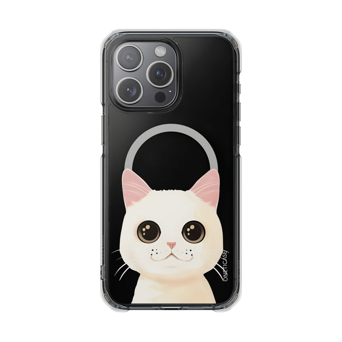 Magnetic Clear Case for iPhone Series with a White Cat Design: clear, black cat, kawaii cartoon style