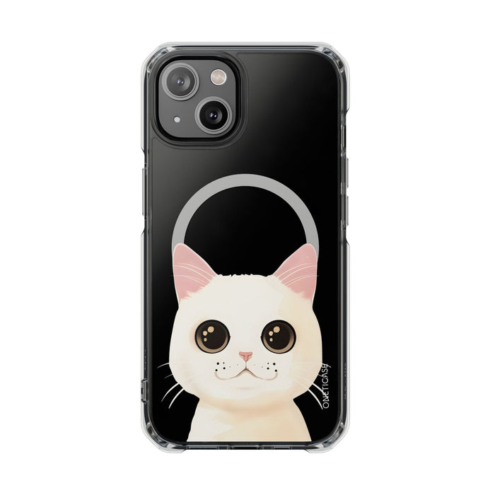 Magnetic Clear Case for iPhone Series with a White Cat Design: clear, black cat, kawaii cartoon style