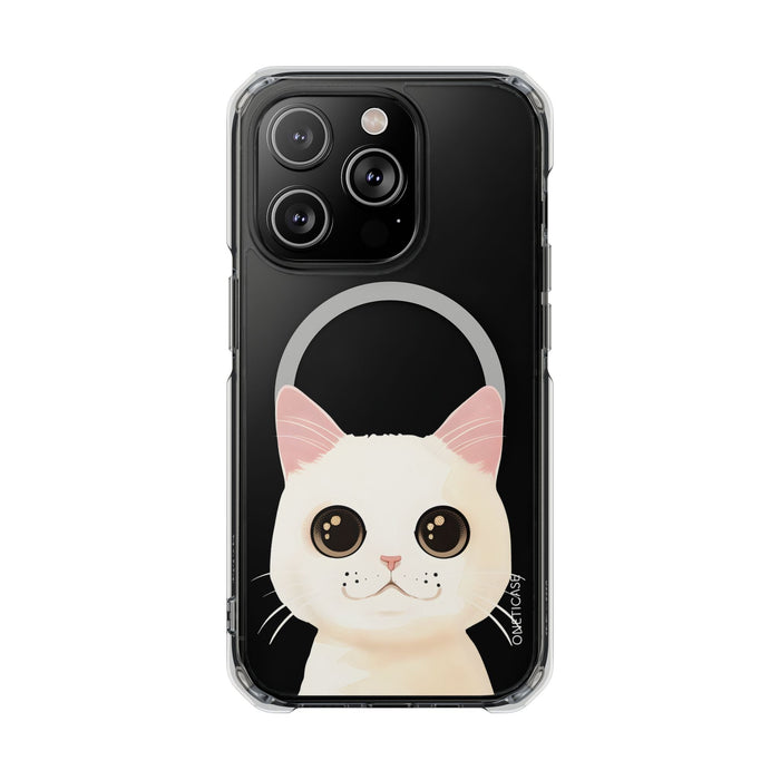 Magnetic Clear Case for iPhone Series with a White Cat Design: clear, black cat, kawaii cartoon style