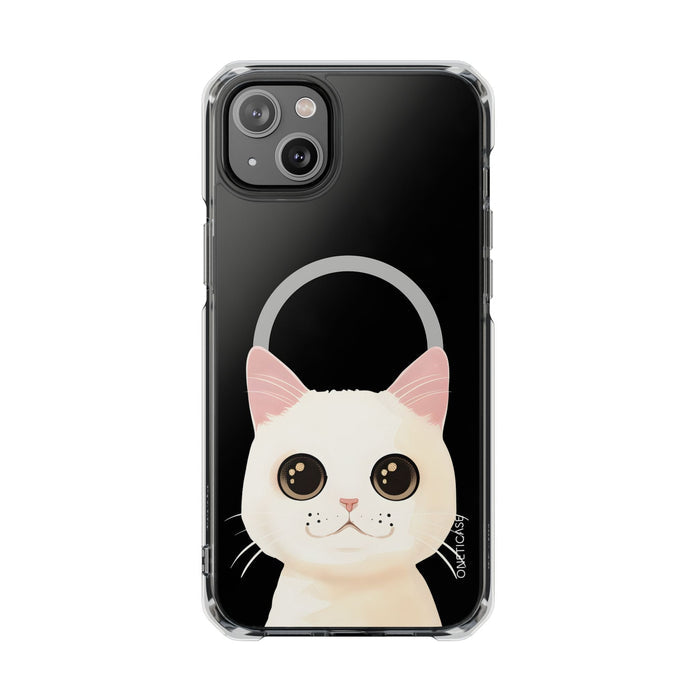 Magnetic Clear Case for iPhone Series with a White Cat Design: clear, black cat, kawaii cartoon style