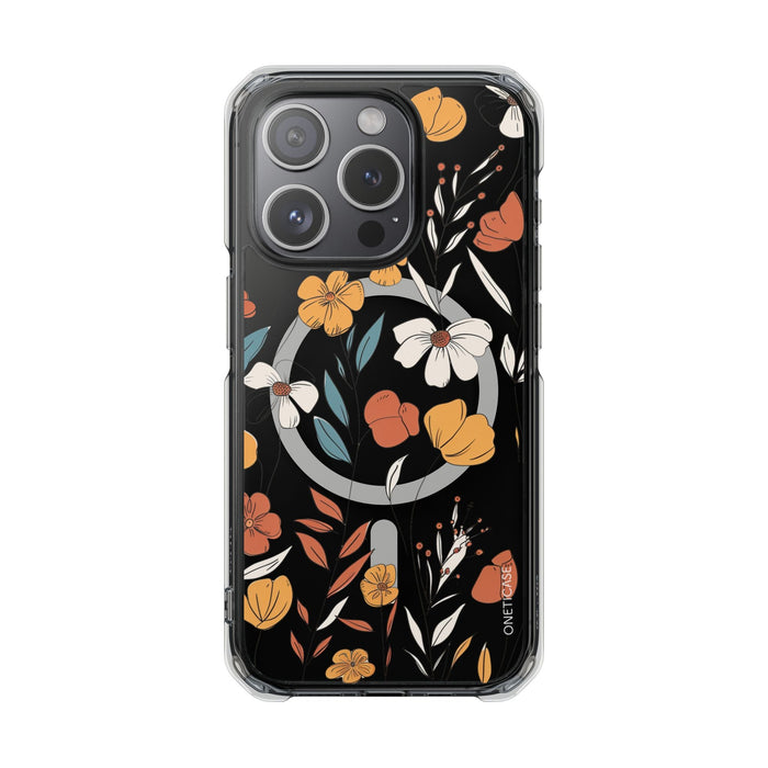 Magnetic Clear Case with a Rustic Floral Design for iPhone Models: black, orange floral botanical pattern, botanical cartoon