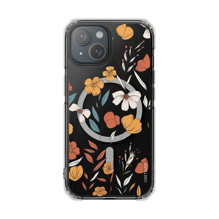 Magnetic Clear Case with a Rustic Floral Design for iPhone Models: black, orange floral botanical pattern, botanical cartoon