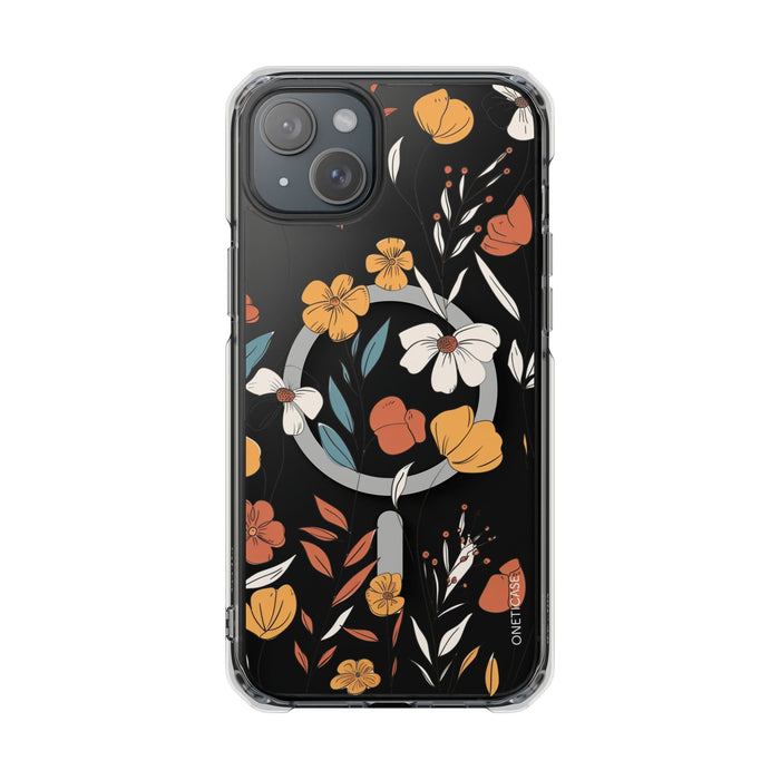 Magnetic Clear Case with a Rustic Floral Design for iPhone Models: black, orange floral botanical pattern, botanical cartoon