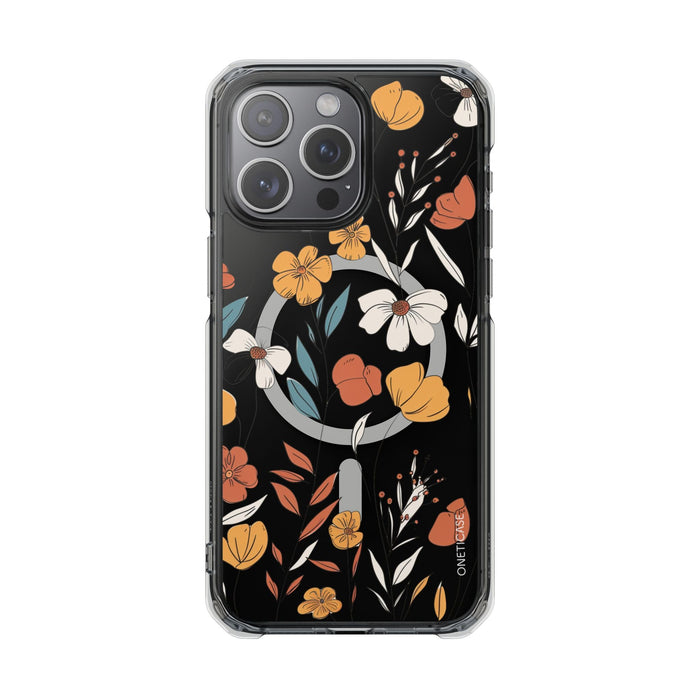 Magnetic Clear Case with a Rustic Floral Design for iPhone Models: black, orange floral botanical pattern, botanical cartoon