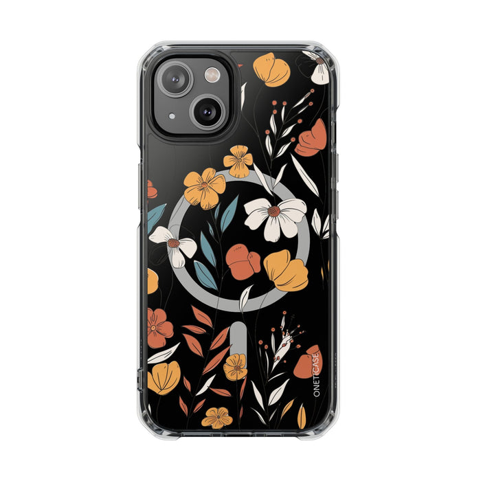 Magnetic Clear Case with a Rustic Floral Design for iPhone Models: black, orange floral botanical pattern, botanical cartoon