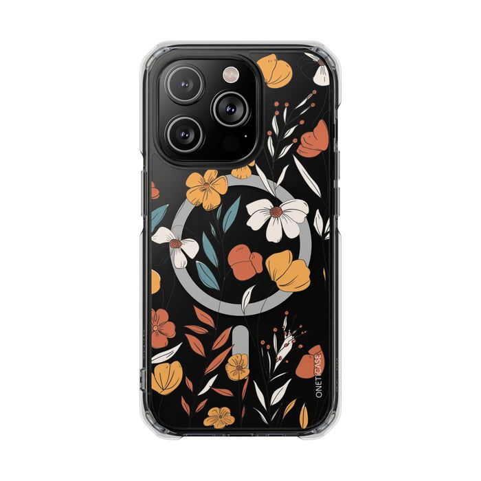 Magnetic Clear Case with a Rustic Floral Design for iPhone Models: black, orange floral botanical pattern, botanical cartoon