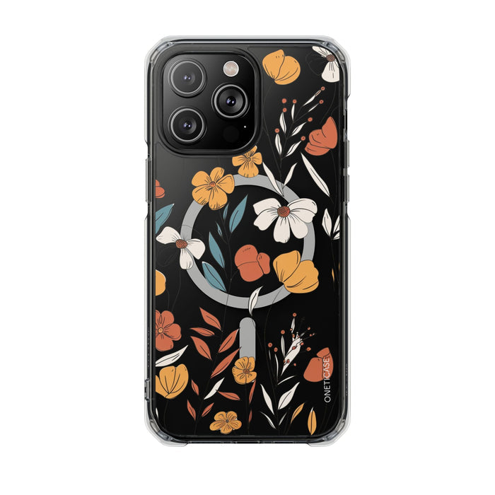 Magnetic Clear Case with a Rustic Floral Design for iPhone Models: black, orange floral botanical pattern, botanical cartoon