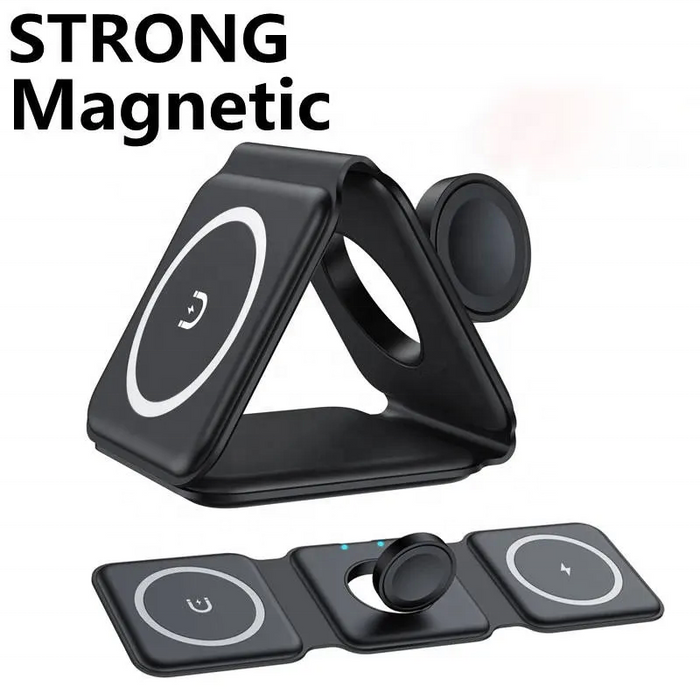 Magnetic Foldable Charger for Multiple Devices: black, dark gray foldable magnetic phone stand/charger, minimal modern style
