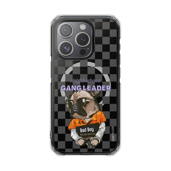 Magnetic iPhone Case with Clear Back featuring a Pug Design: black, dark gray cartoon bulldog character, cartoon streetwear g