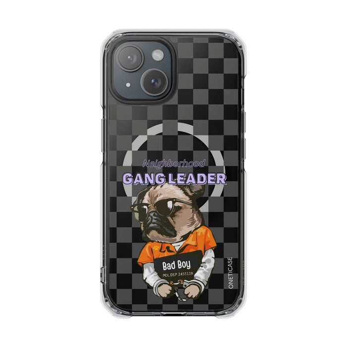 Magnetic iPhone Case with Clear Back featuring a Pug Design: black, dark gray cartoon bulldog character, cartoon streetwear g