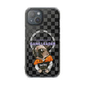 Magnetic iPhone Case with Clear Back featuring a Pug Design: black, dark gray cartoon bulldog character, cartoon streetwear g