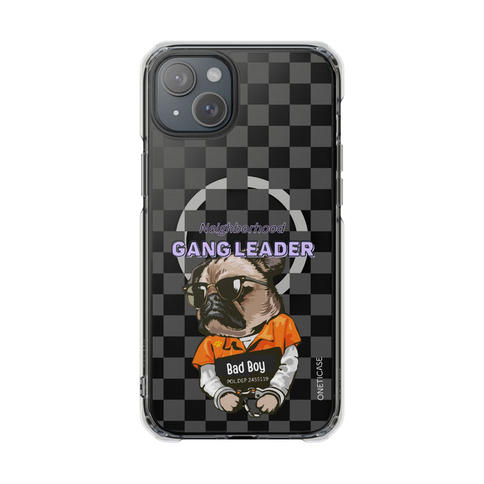 Magnetic iPhone Case with Clear Back featuring a Pug Design: black, dark gray cartoon bulldog character, cartoon streetwear g
