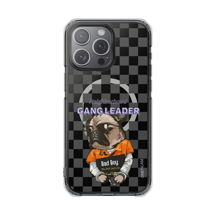 Magnetic iPhone Case with Clear Back featuring a Pug Design: black, dark gray cartoon bulldog character, cartoon streetwear g