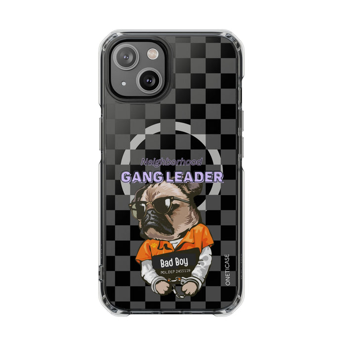 Magnetic iPhone Case with Clear Back featuring a Pug Design: black, dark gray cartoon bulldog character, cartoon streetwear g