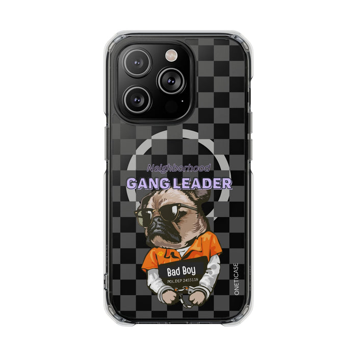Magnetic iPhone Case with Clear Back featuring a Pug Design: black, dark gray cartoon bulldog character, cartoon streetwear g