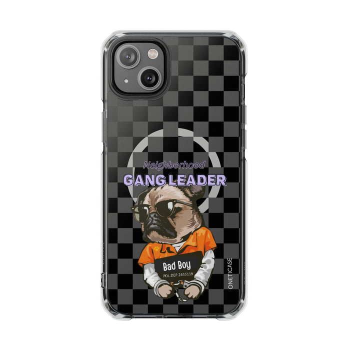 Magnetic iPhone Case with Clear Back featuring a Pug Design: black, dark gray cartoon bulldog character, cartoon streetwear g