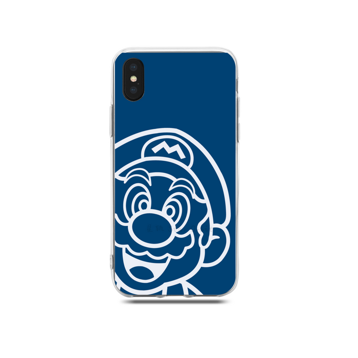 Mario phone case with TPU protection: dark blue, white Mario character, cartoon graphic style