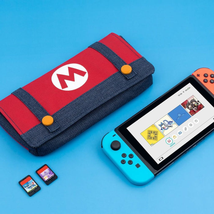 Mario Switch Storage Pouch for Nintendo Switch: red, dark blue Mario theme, cartoon gaming theme style