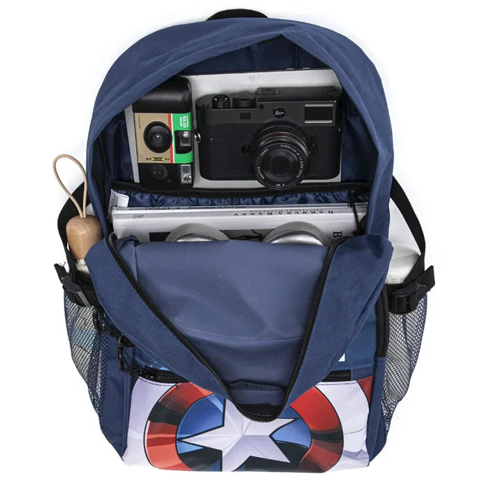 Navy blue marvel captain america laptop backpack with a bold captain america shield design on the front