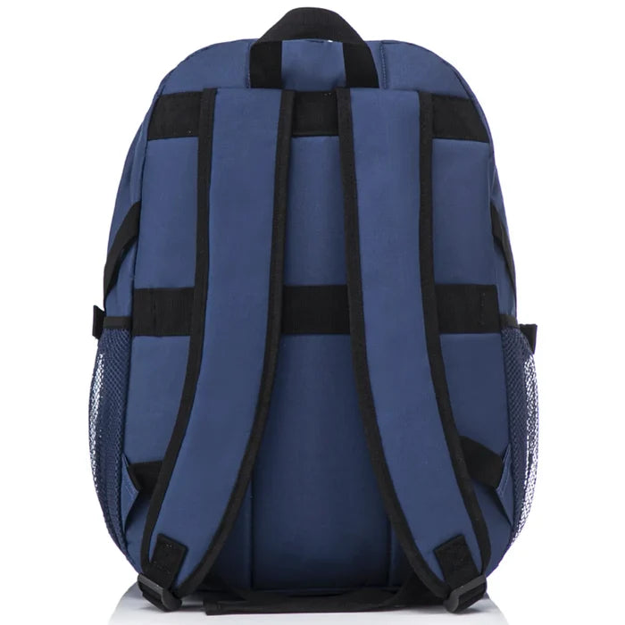 Blue marvel captain america laptop backpack with black straps and mesh side pockets for school or work use