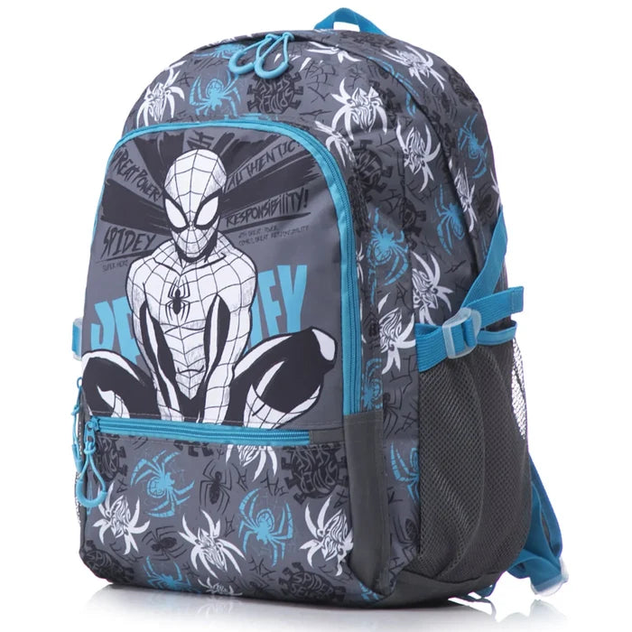 Gray and blue marvel spiderman laptop backpack with shoulder straps and large central superhero graphic