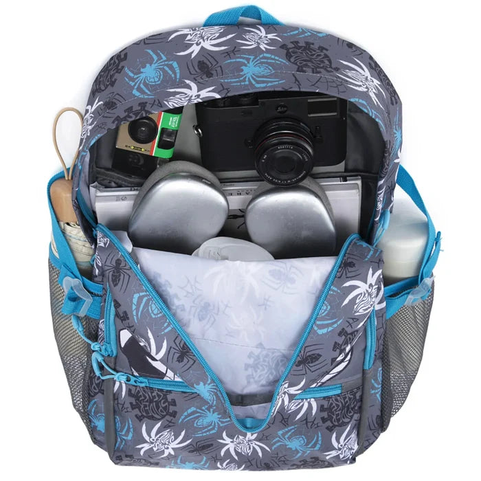 Blue and gray marvel spiderman laptop backpack with spider pattern mesh side pockets and adjustable shoulder straps