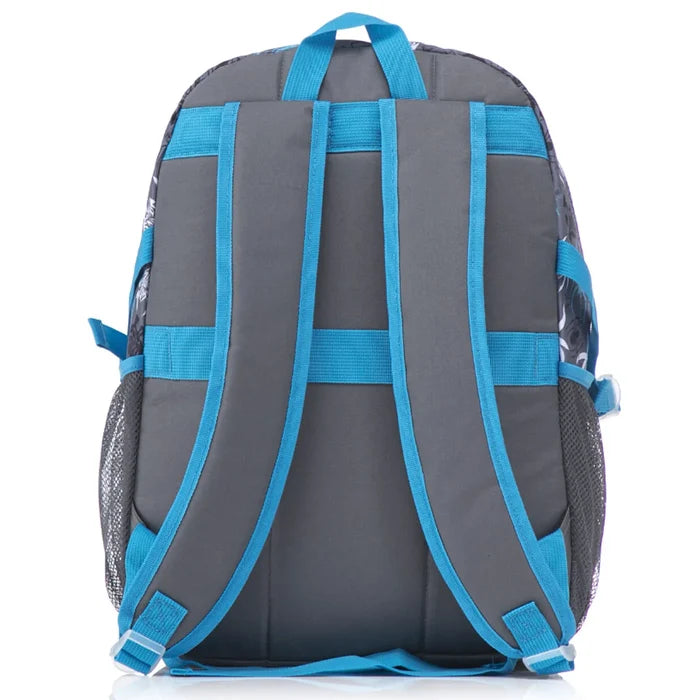 Gray and teal marvel spiderman laptop backpack with mesh side pockets and adjustable shoulder straps shown from the back