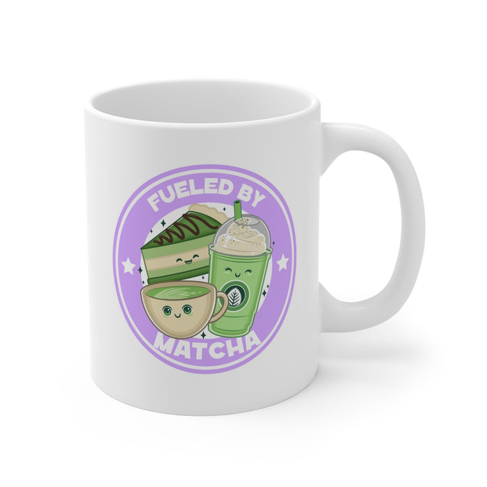Matcha-Fueled Humor Mug: white, purple matcha-themed cartoon drink and dessert characters, kawaii cartoon style