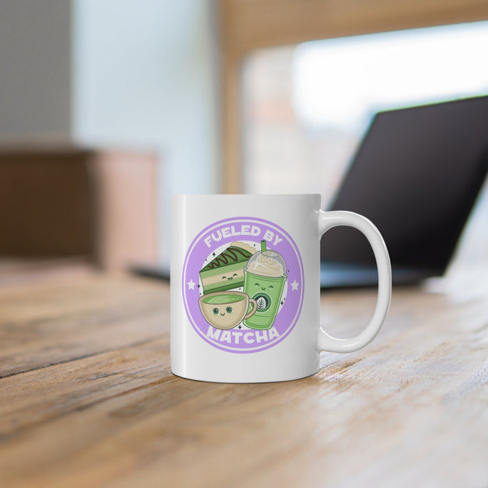 Matcha-Fueled Humor Mug: white, purple matcha-themed cartoon drink and dessert characters, kawaii cartoon style