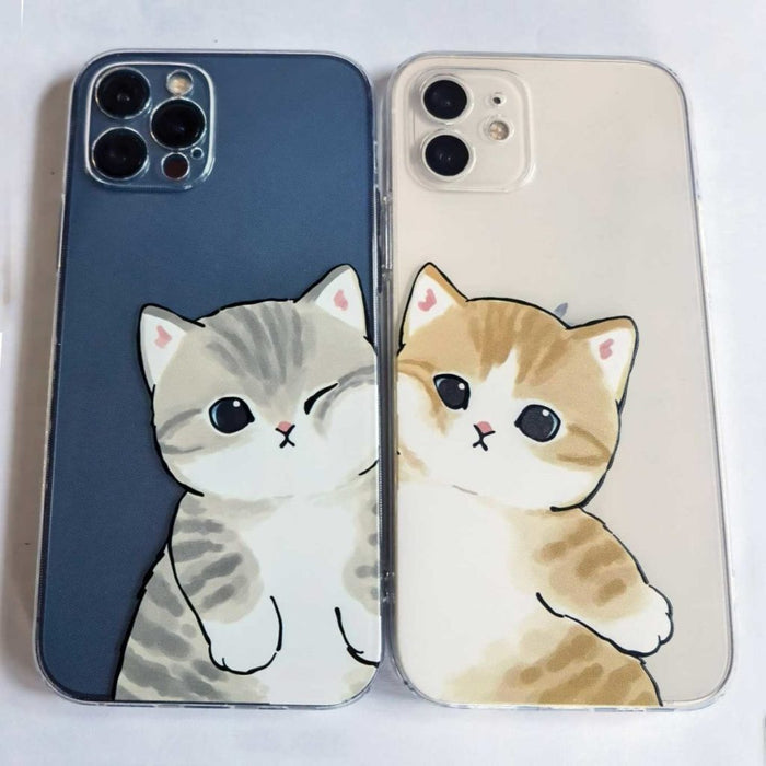 Matching Couple Phone Cases with Graphics: transparent, white cartoon kitten, kawaii cartoon style