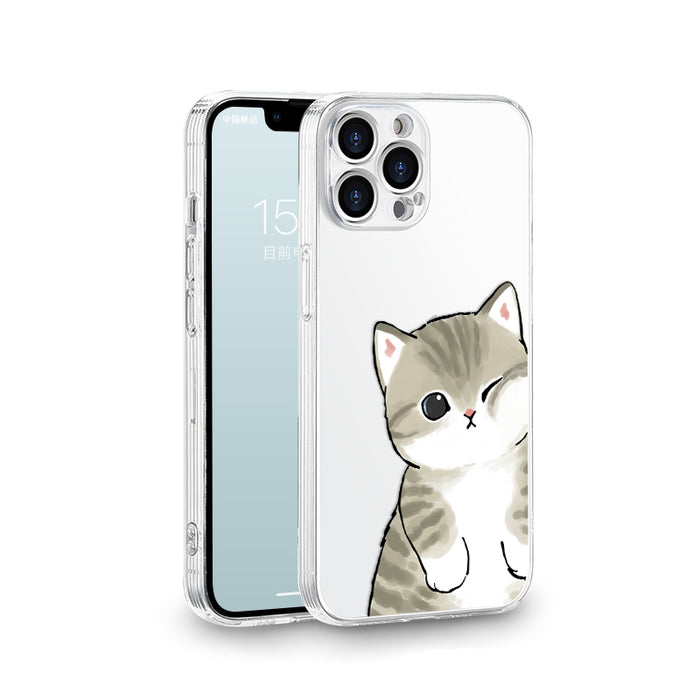 Matching Couple Phone Cases with Graphics: transparent, white cartoon kitten, kawaii cartoon style
