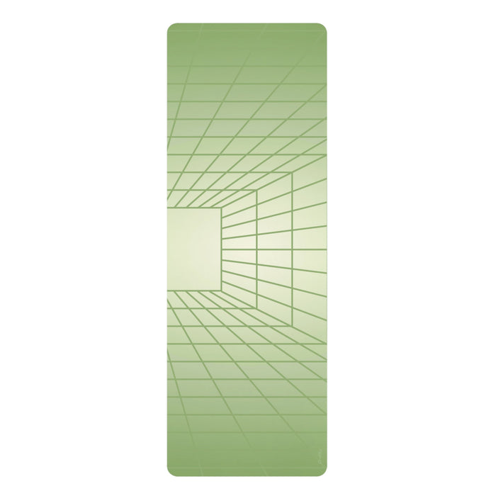 Meadow Yoga Mat with Geometric Design: light green, dark green abstract geometric grid/tunnel pattern, minimal geometric styl