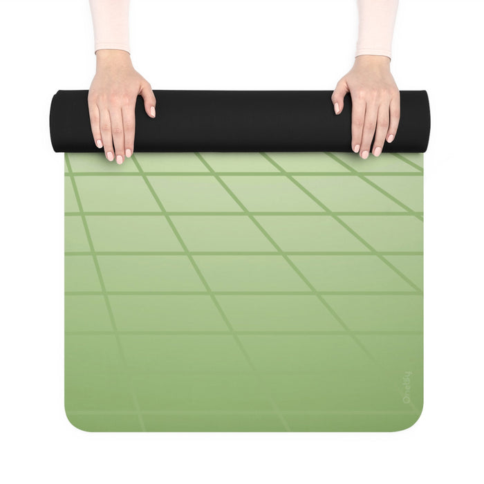 Meadow Yoga Mat with Geometric Design: light green, dark green abstract geometric grid/tunnel pattern, minimal geometric styl