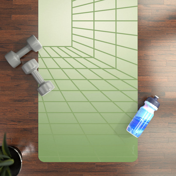 Meadow Yoga Mat with Geometric Design: light green, dark green abstract geometric grid/tunnel pattern, minimal geometric styl