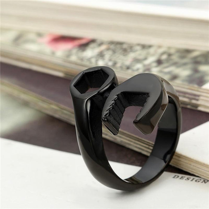 Mechanic's Band Ring for Men: silver, metallic gray open-end wrench/tool theme, novelty industrial style
