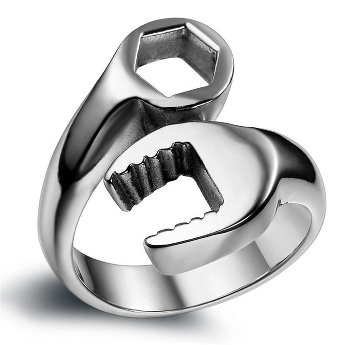 Mechanic's Band Ring for Men: silver, metallic gray open-end wrench/tool theme, novelty industrial style